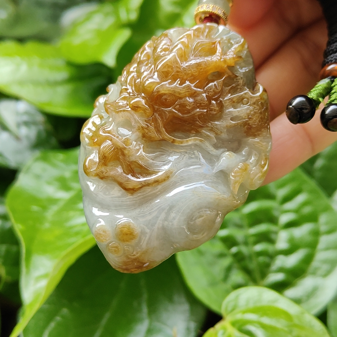 희귀한 제이드 드래곤 펜던트 - 천연 골든 제이드 제이드