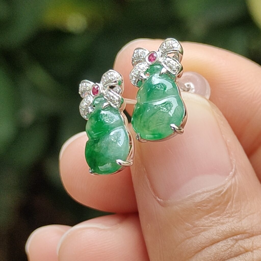 Jade Shop Singapore Gallery Timeless Elegance Jadeite Jewellery 3 Green with Green Patches Pair of Stud Earrings - 18k gold and diamonds