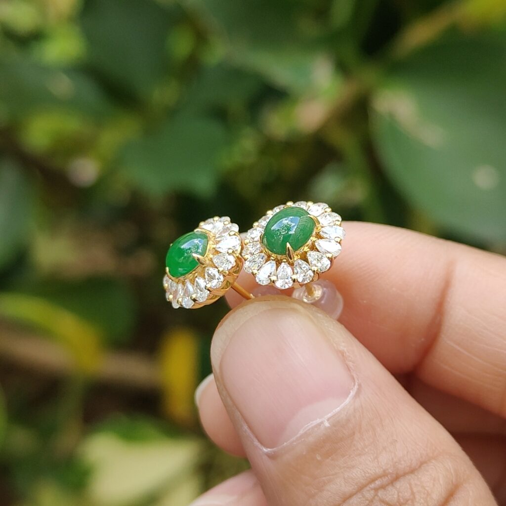 Jade Shop Singapore Gallery Timeless Elegance Jadeite Jewellery 5 Green Cabochons with blinking diamonds on 18k gold - stud earrings